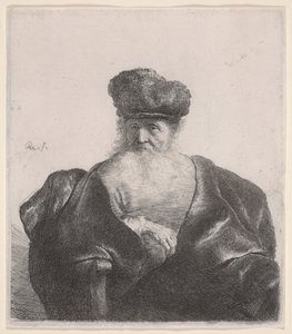 Vieil homme à la barbe flottante, bonnet de fourrure et manteau de velours (eau-forte) - Rembrandt van Rijn