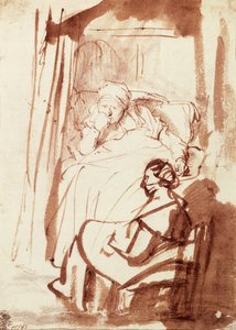 Saskia allongée dans son lit, une femme assise à ses pieds - Rembrandt Harmensz. van Rijn