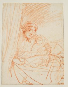 Saskia assise dans son lit, tenant un enfant - Rembrandt van Rijn