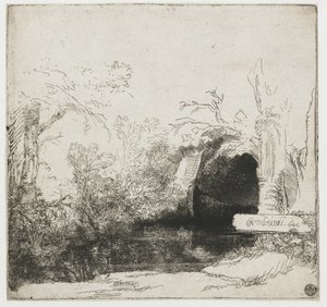 Un ruisseau avec une grotte et un bateau (détail) - Rembrandt van Rijn