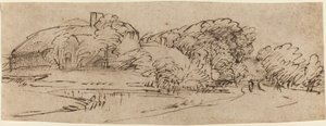 Paysage avec bâtiments de ferme parmi les arbres