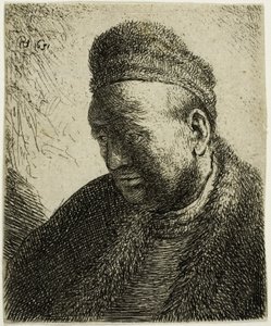 Homme sans barbe en manteau de fourrure et bonnet : Buste - Rembrandt van Rijn