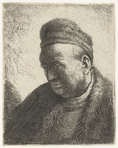 Homme sans barbe en manteau de fourrure et bonnet : buste - Rembrandt van Rijn