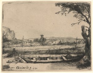 Canal avec un grand bateau et un pont - Rembrandt van Rijn