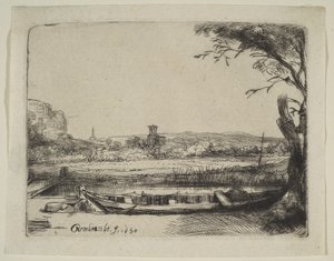 Canal avec un grand bateau et un pont, 1650 - Rembrandt van Rijn