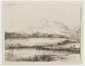 Canal avec un pêcheur et deux cygnes - Rembrandt van Rijn