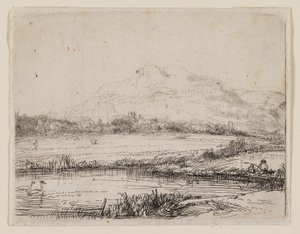 Canal avec un pêcheur et deux cygnes - Rembrandt van Rijn