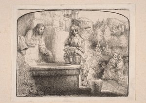 Le Christ et la Samaritaine (Composition fermée en haut par un arc) - Rembrandt van Rijn