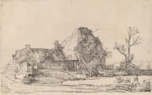 Cottages et bâtiments de ferme avec un homme dessinant, vers 1645 - Rembrandt van Rijn