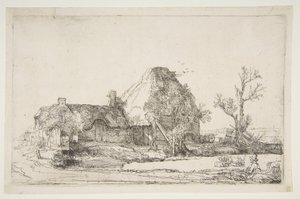 Cottages et bâtiments de ferme avec un homme dessinant, vers 1645 - Rembrandt van Rijn
