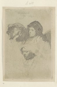 Trois têtes de femmes, une dormant
