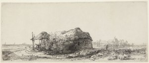 Paysage avec des chalets et une grange à foin