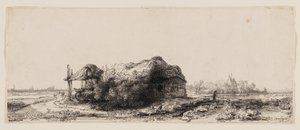 Paysage avec cottages et une grange à foin : Oblong