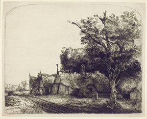 Paysage avec des cottages à pignon au bord d