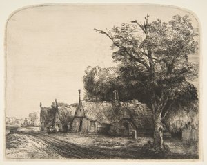 Paysage avec trois cottages à pignon le long d