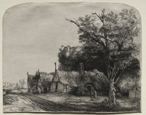 Paysage avec trois cottages à pignon le long d
