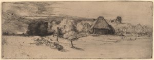 Paysage avec arbres, bâtiments de ferme et une tour
