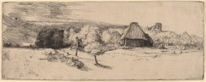 Paysage avec arbres, bâtiments de ferme et une tour