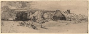Paysage avec arbres, bâtiments de ferme et une tour