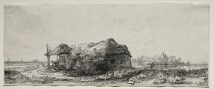 Paysage avec une chaumière et une grange à foin : oblong - Rembrandt van Rijn