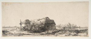 Paysage avec un cottage et une grange à foin