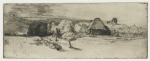 Paysage avec un bâtiment de ferme et la maison avec la tour