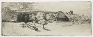 Paysage avec un bâtiment de ferme et la 