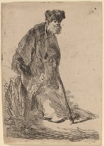 Homme en manteau et bonnet de fourrure appuyé contre une berge - Rembrandt van Rijn