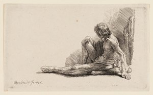 Homme nu assis par terre avec une jambe étendue - Rembrandt van Rijn