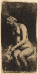 Nu Assis sur un Banc avec un Oreiller (Femme Baignant ses Pieds à un Ruisseau) - Rembrandt van Rijn