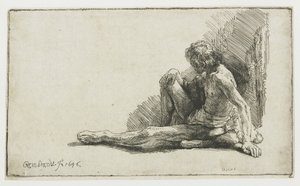 Homme nu assis par terre avec une jambe étendue - Rembrandt van Rijn