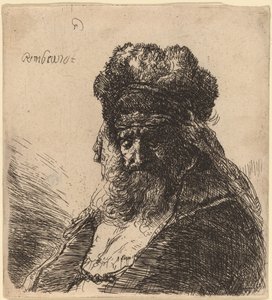 Vieil homme barbu avec un bonnet de fourrure, les yeux fermés - Rembrandt van Rijn