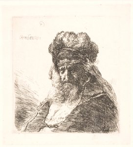 Vieil homme barbu avec un bonnet de fourrure haut, les yeux fermés - Rembrandt van Rijn
