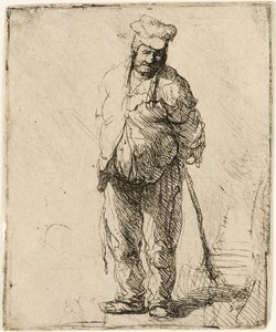 Paysan en haillons avec les mains derrière lui, tenant un bâton, vers 1630