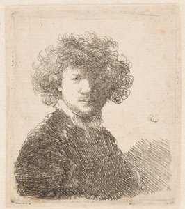 Rembrandt, tête nue, aux cheveux épais et bouclés, portant un petit col blanc : buste - Rembrandt van Rijn