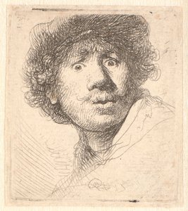 Rembrandt avec un bonnet, bouche ouverte et regard fixe : buste en contour - Rembrandt van Rijn