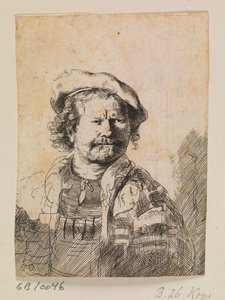 Rembrandt avec une casquette plate et une robe brodée - Rembrandt van Rijn