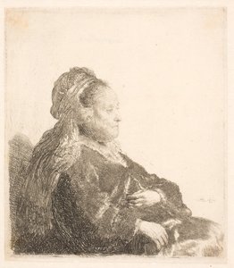 La mère de Rembrandt assise face à droite, avec une coiffe orientale : demi-longueur, montrant les mains - Rembrandt van Rijn