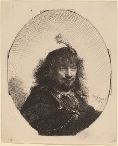 Autoportrait (?) avec Chapeau à Plumes et Sabre Baissé - Rembrandt van Rijn