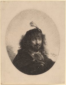 Autoportrait (?) avec Chapeau à Plumes et Sabre Baissé - Rembrandt van Rijn