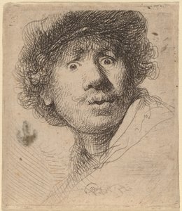 Autoportrait en casquette, bouche ouverte - Rembrandt van Rijn