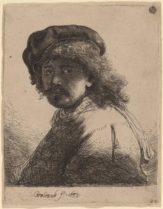 Autoportrait avec un bonnet et une écharpe, visage sombre - Rembrandt van Rijn