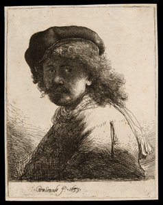 Autoportrait avec un bonnet et une écharpe, visage sombre : buste - Rembrandt van Rijn