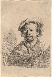 Autoportrait avec un Bonnet Plat et une Robe Brodée - Rembrandt van Rijn