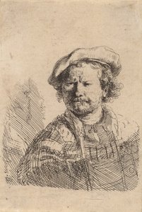 Autoportrait avec une casquette plate et une robe brodée, vers 1642 - Rembrandt van Rijn
