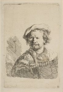 Autoportrait avec une casquette plate et une robe brodée - Rembrandt van Rijn