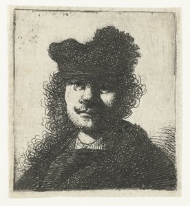 Autoportrait avec un bonnet et une cape sombre : buste - Rembrandt van Rijn