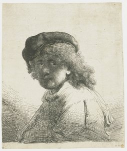 Autoportrait avec un bonnet et une écharpe, visage sombre : buste - Rembrandt van Rijn