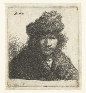 Autoportrait avec un bonnet de fourrure incliné : buste - Rembrandt van Rijn