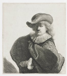 Autoportrait avec un chapeau mou et une cape à motifs